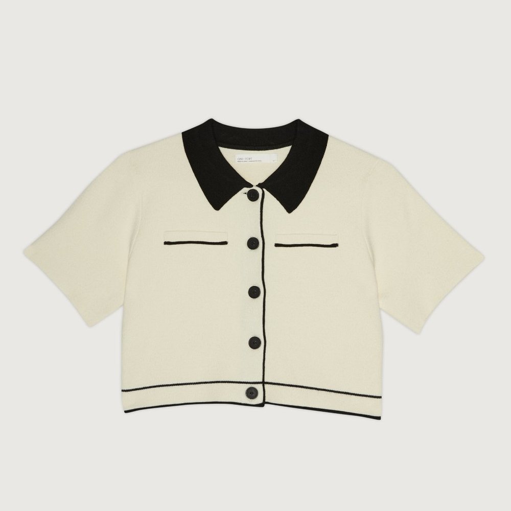 Oak + Fort Cropped Knit Blouse in Cream Black